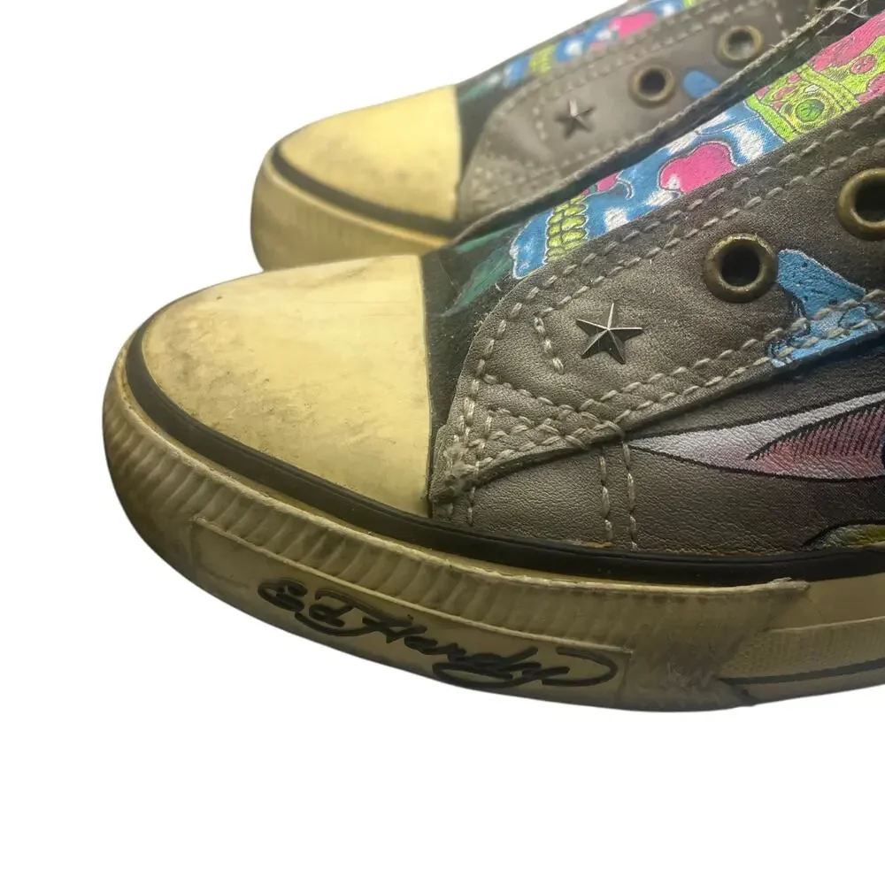 Ed Hardy Womens 10 Skull Crown Tattoo Slip On Sneakers Studded Gray Shoes